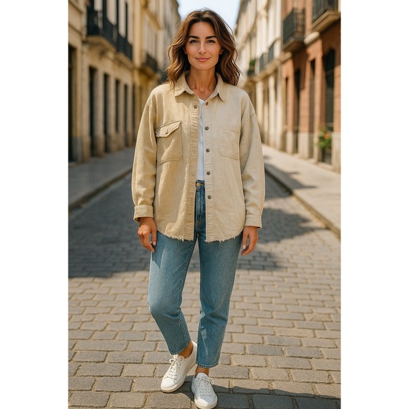 POL Corduroy Colorblock Raw Hem Shirt Jacket Oversized Shacket Women's - Picture 1 of 4